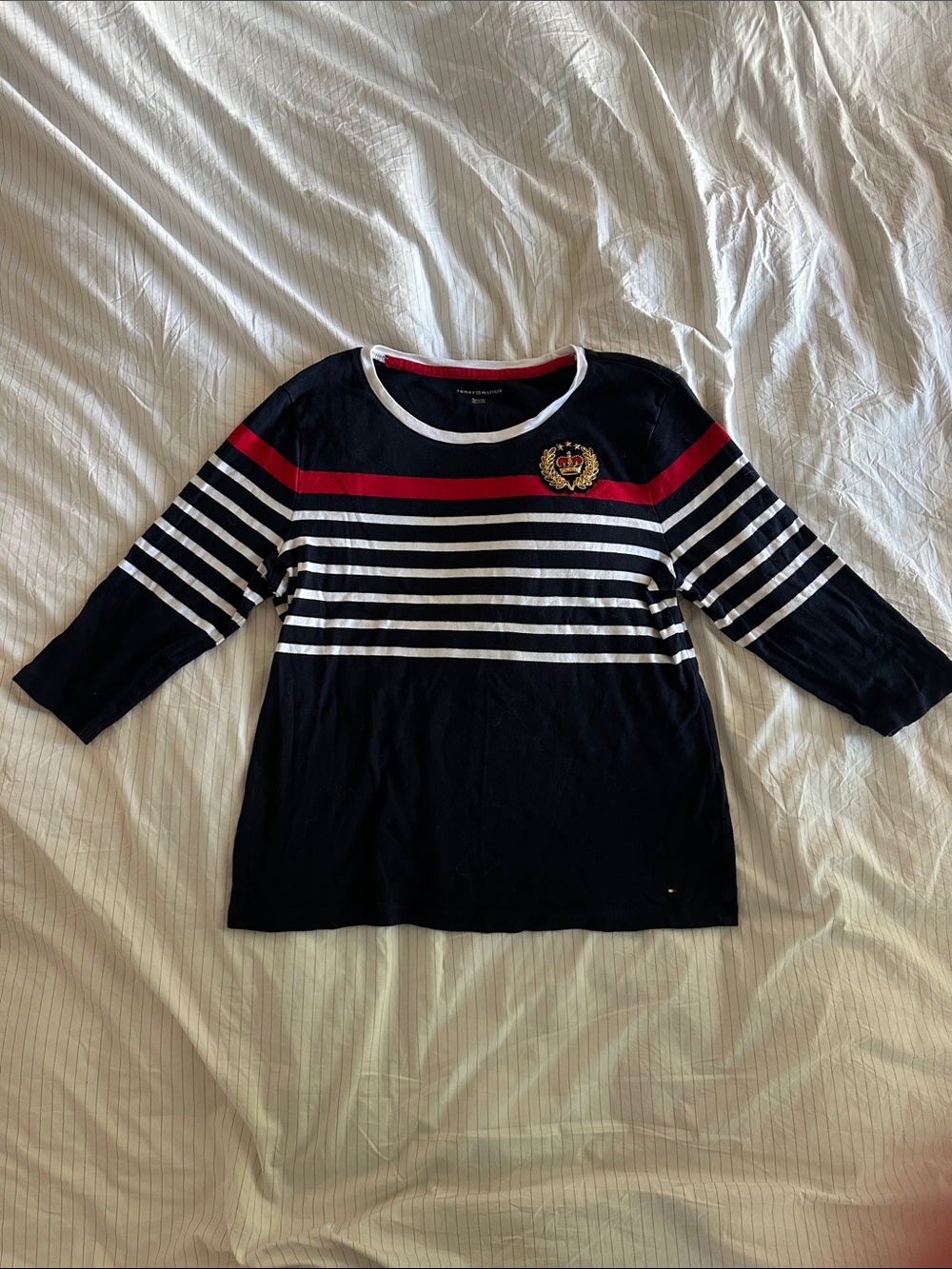Tommy Hilfiger - Girls Navy Striped Crewneck Top with Crown Patch - XL